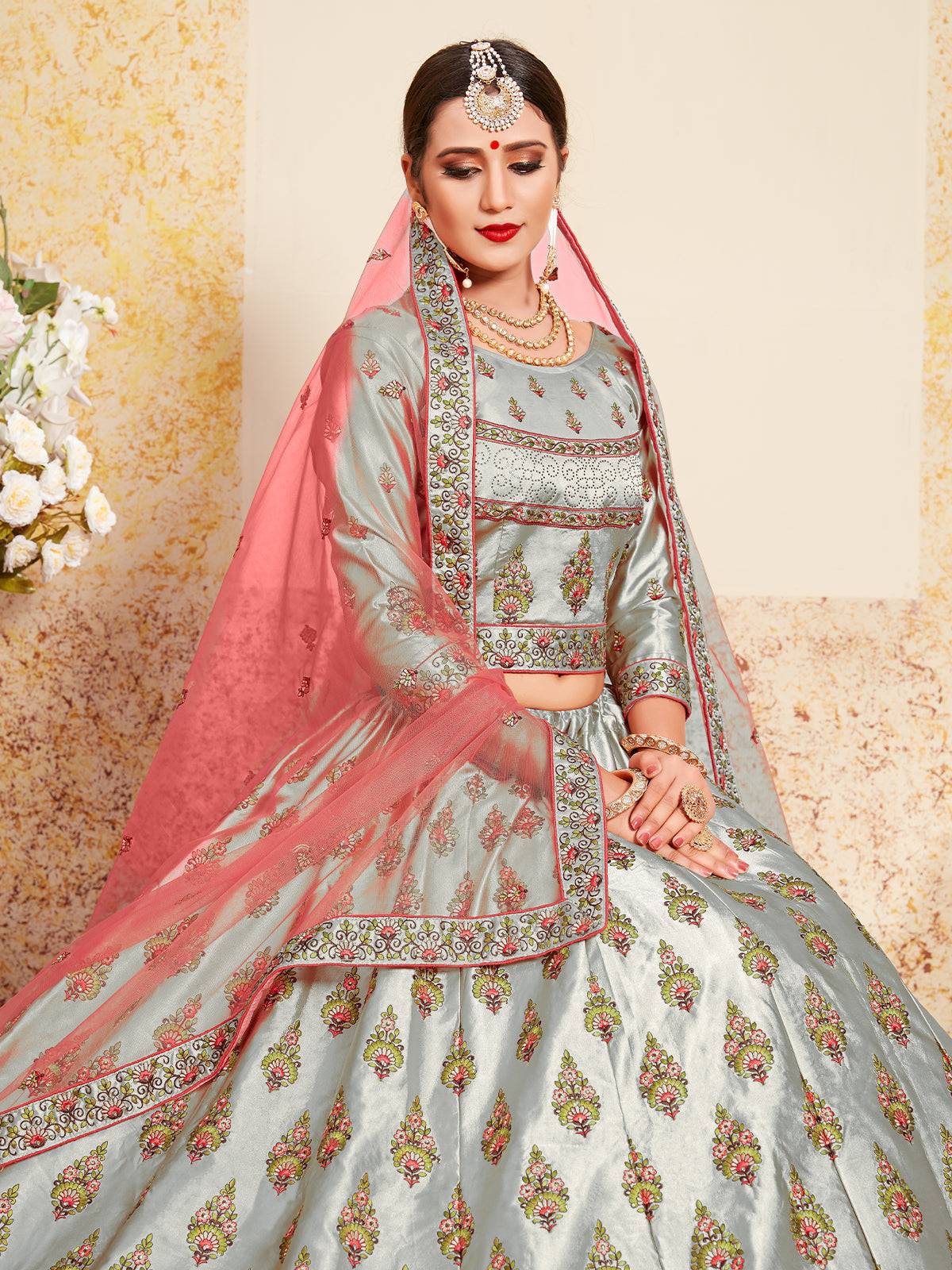 Grey Designer Semi Stitched Lehenga With Unstitched Blouse