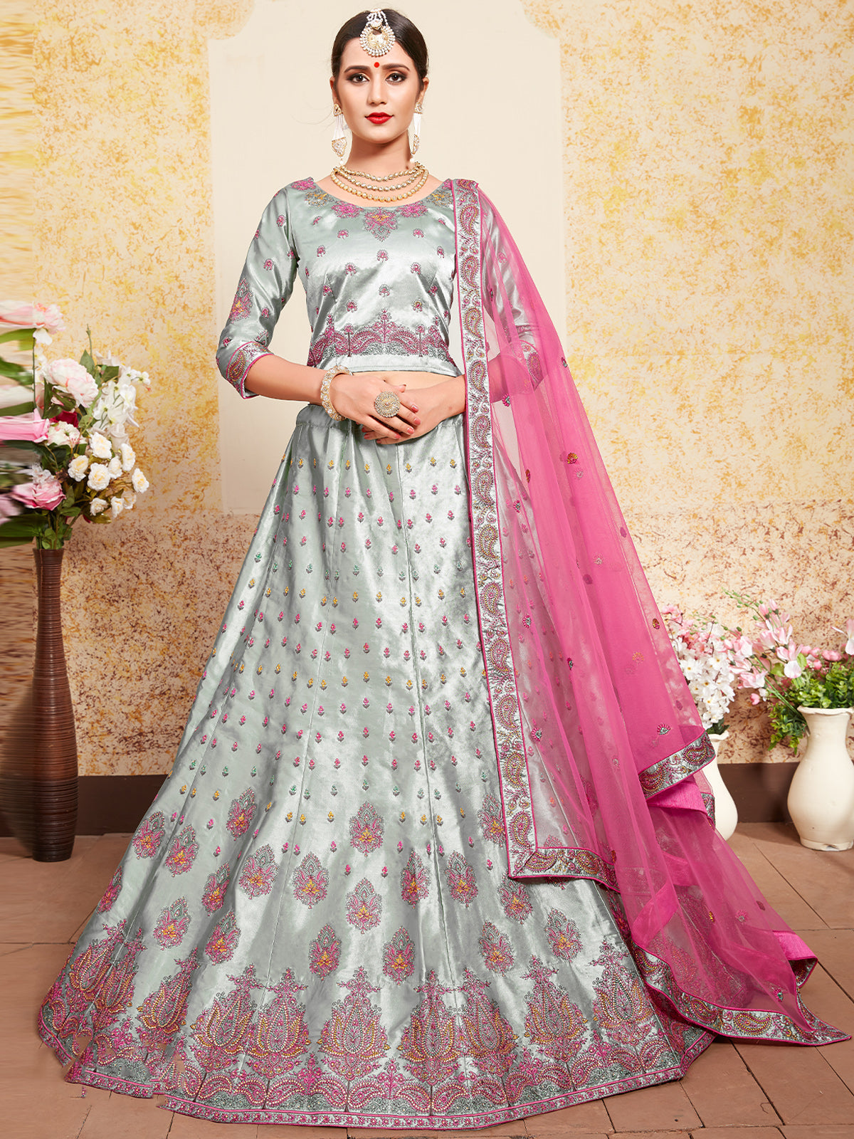 Grey Designer Semi Stitched Lehenga With Unstitched Blouse