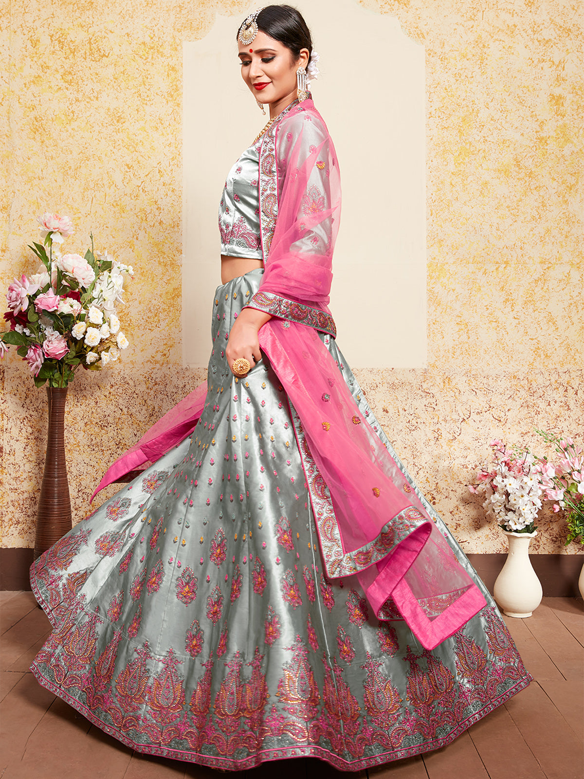 Grey Designer Semi Stitched Lehenga With Unstitched Blouse