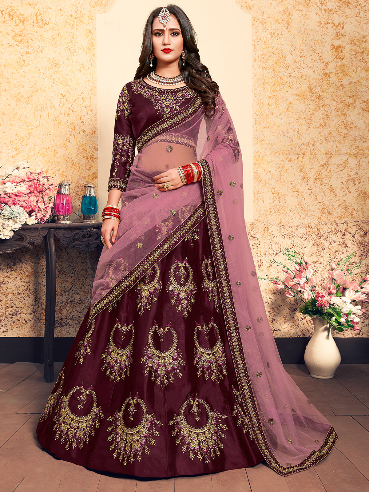 Soft Net Maroon Semi Stitched Lehenga With Unstitched Blouse