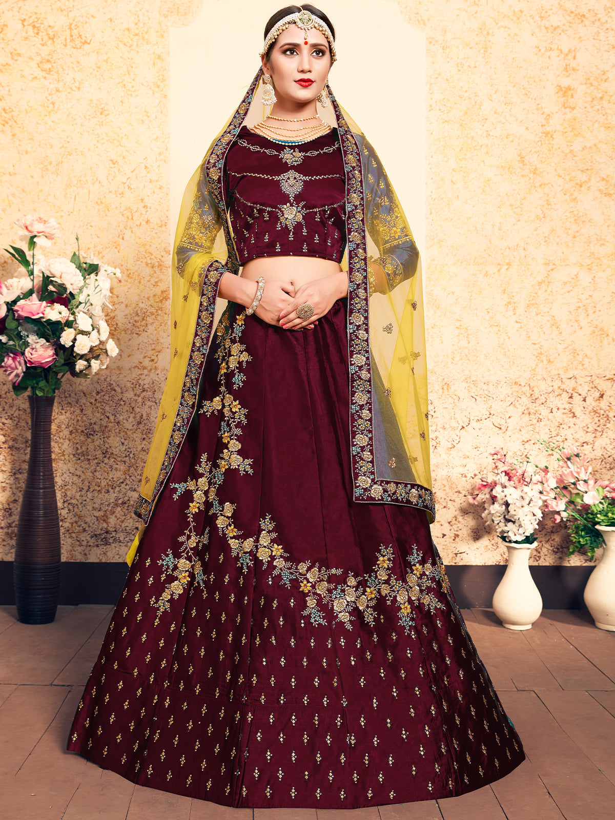 Soft Net Maroon Semi Stitched Lehenga With Unstitched Blouse