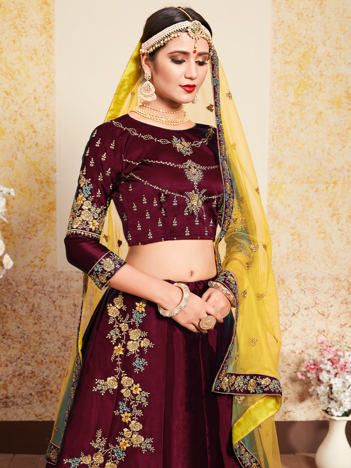Soft Net Maroon Semi Stitched Lehenga With Unstitched Blouse