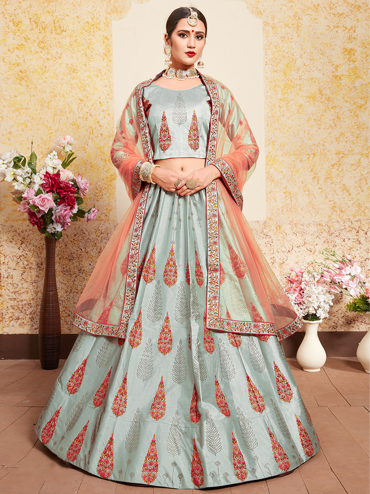 Grey Designer Semi Stitched Lehenga With Unstitched Blouse