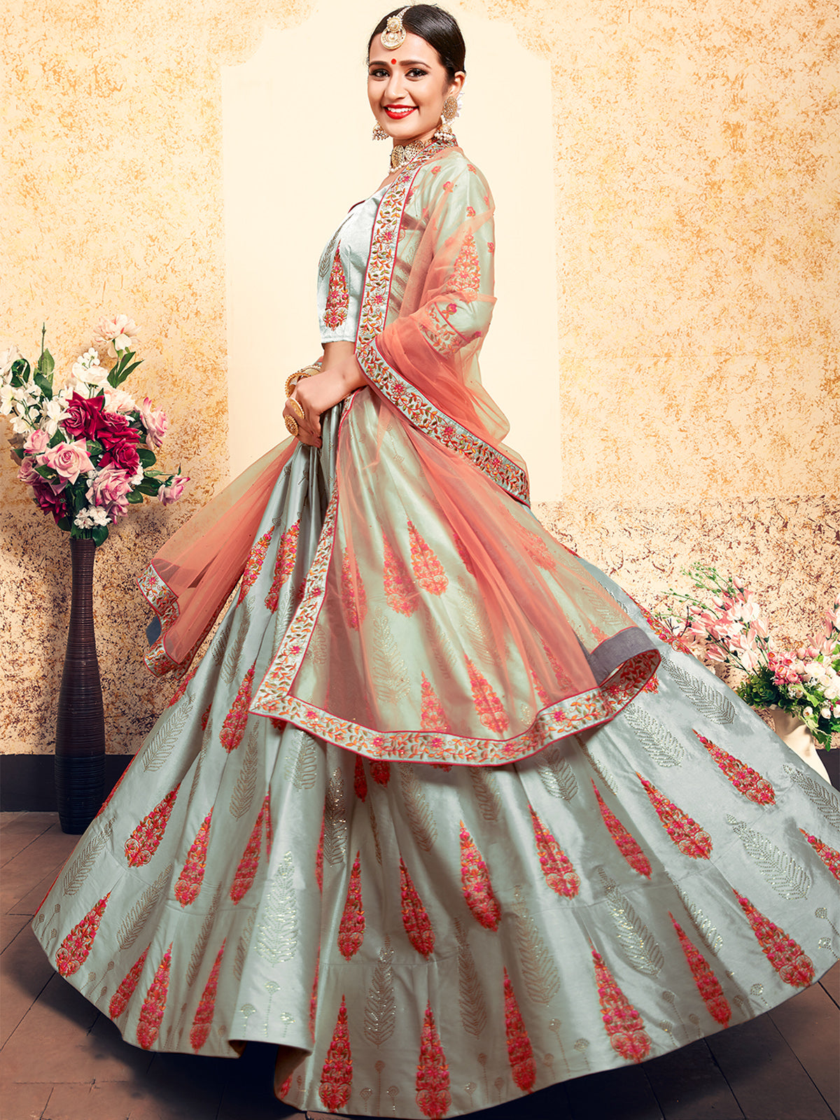 Grey Designer Semi Stitched Lehenga With Unstitched Blouse