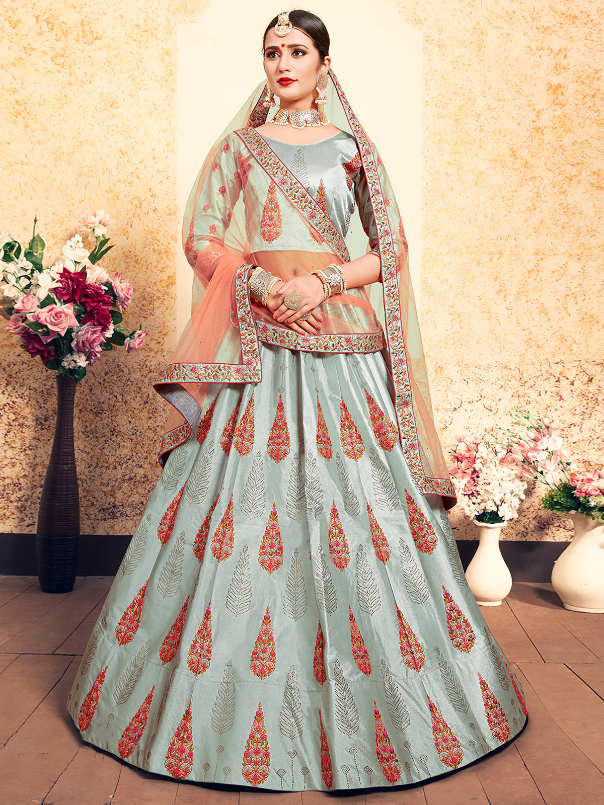 Grey Designer Semi Stitched Lehenga With Unstitched Blouse