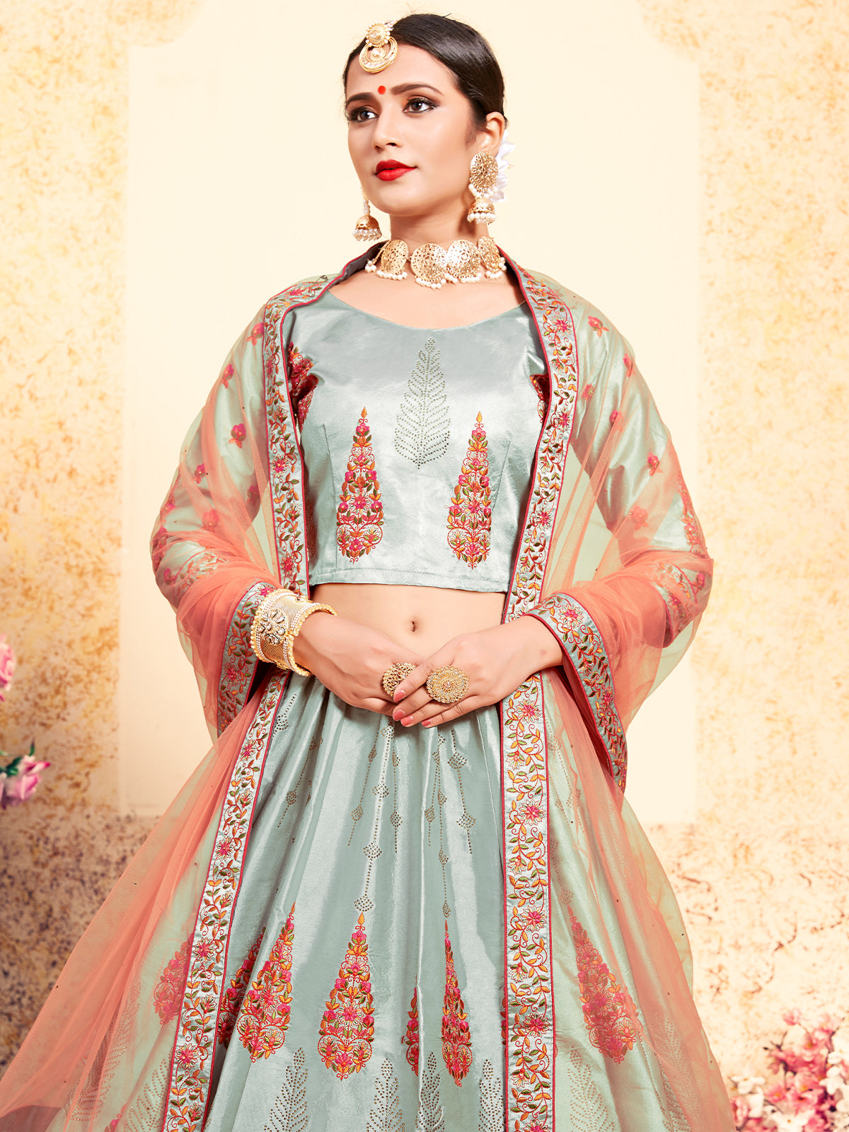Grey Designer Semi Stitched Lehenga With Unstitched Blouse
