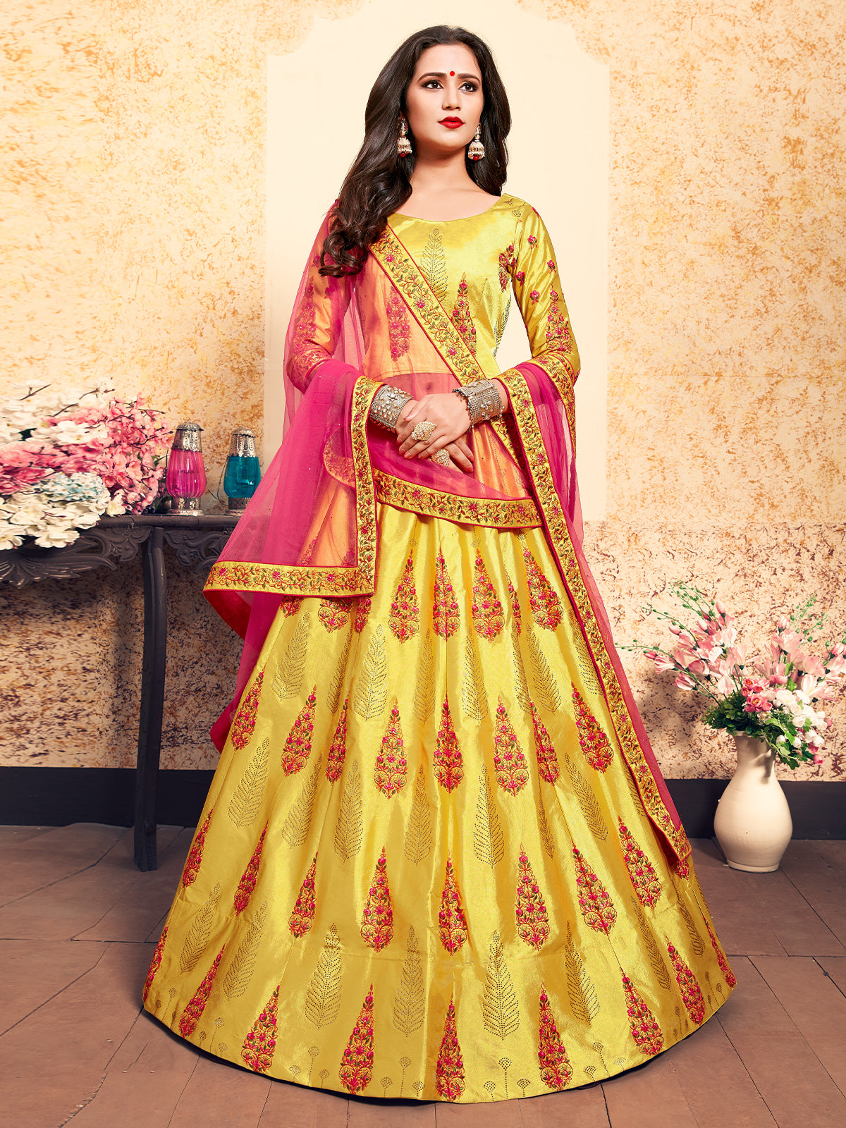Yellow Designer Soft Net Semi Stitched Lehenga Choli
