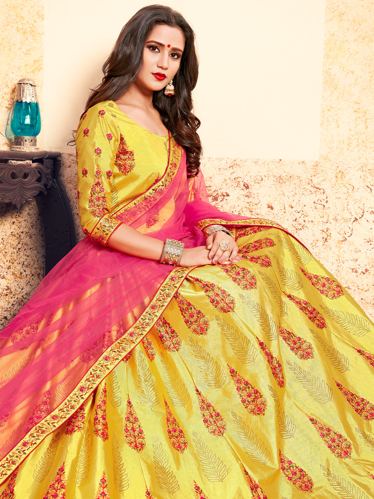 Yellow Designer Soft Net Semi Stitched Lehenga Choli