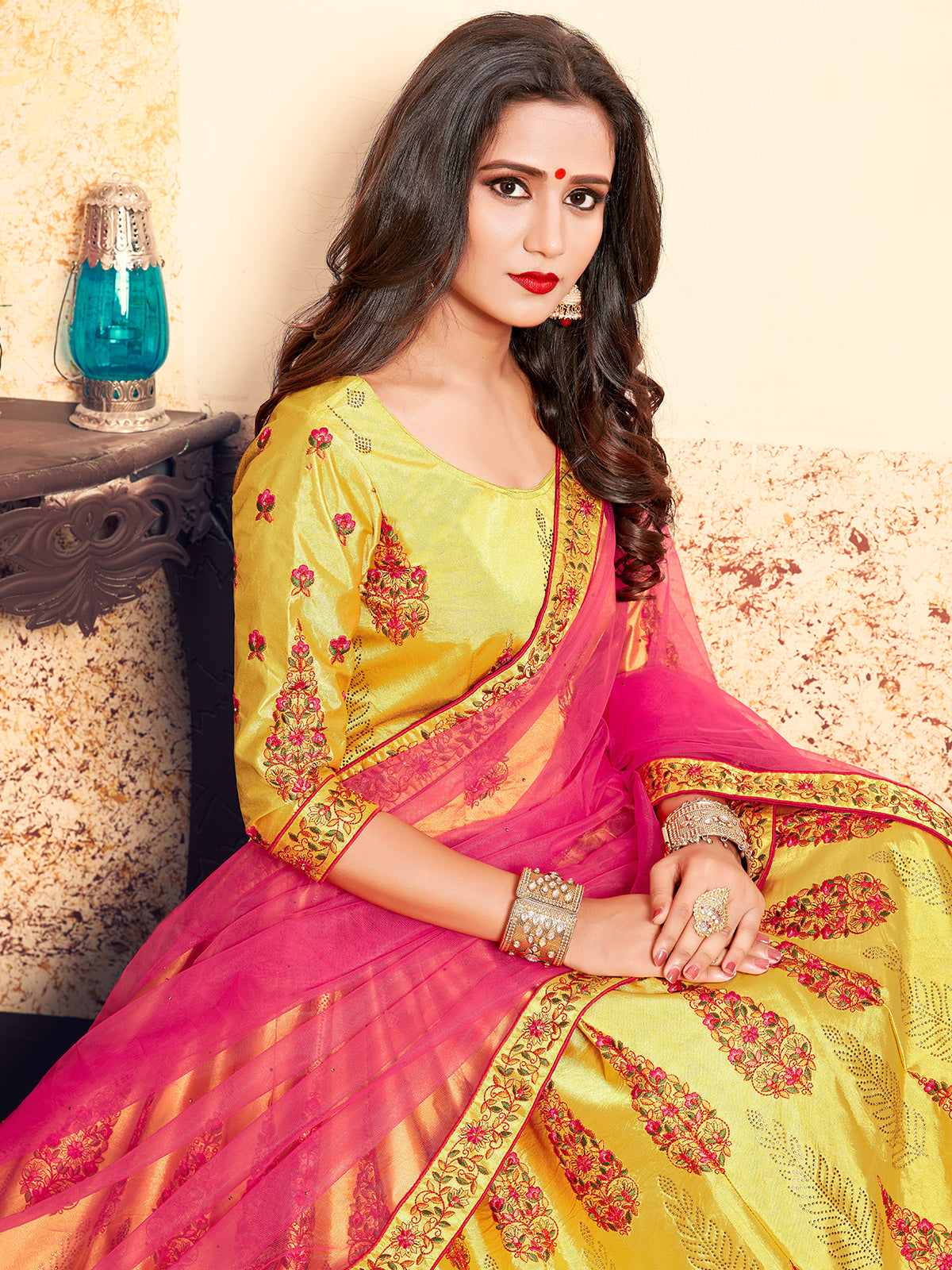 Yellow Designer Soft Net Semi Stitched Lehenga Choli
