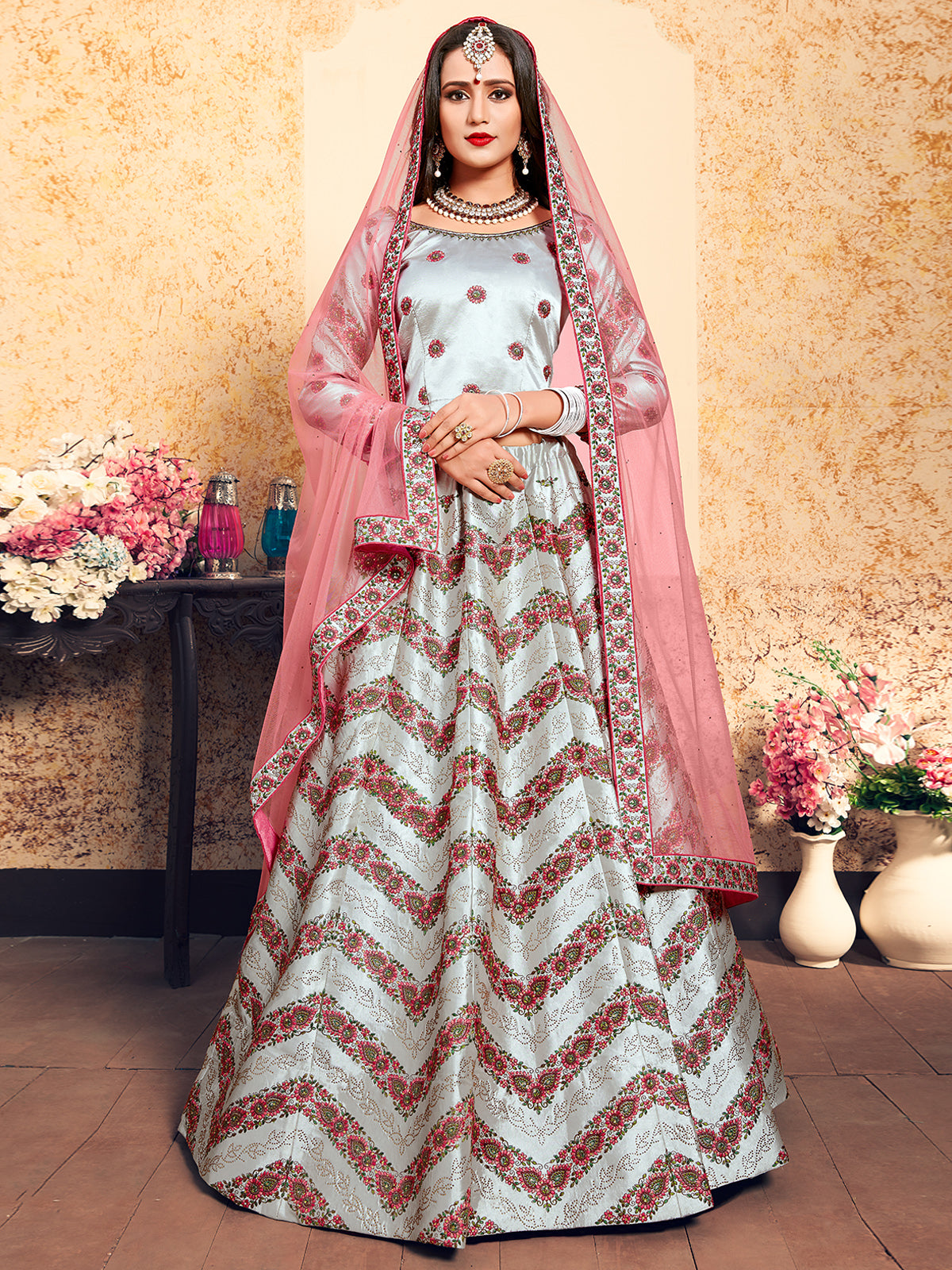 Grey Designer Semi Stitched Lehenga With Unstitched Blouse