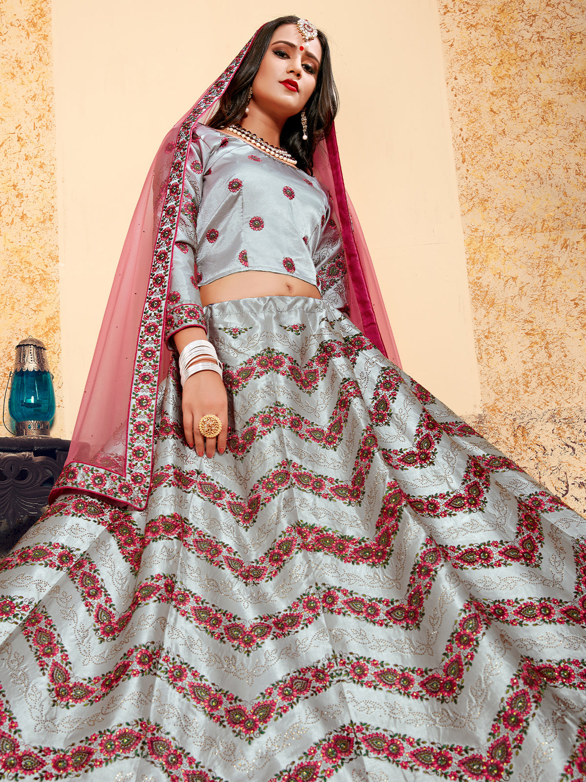Grey Designer Semi Stitched Lehenga With Unstitched Blouse