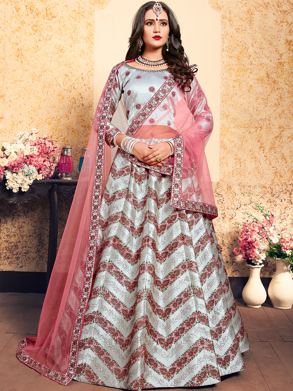Grey Designer Semi Stitched Lehenga With Unstitched Blouse