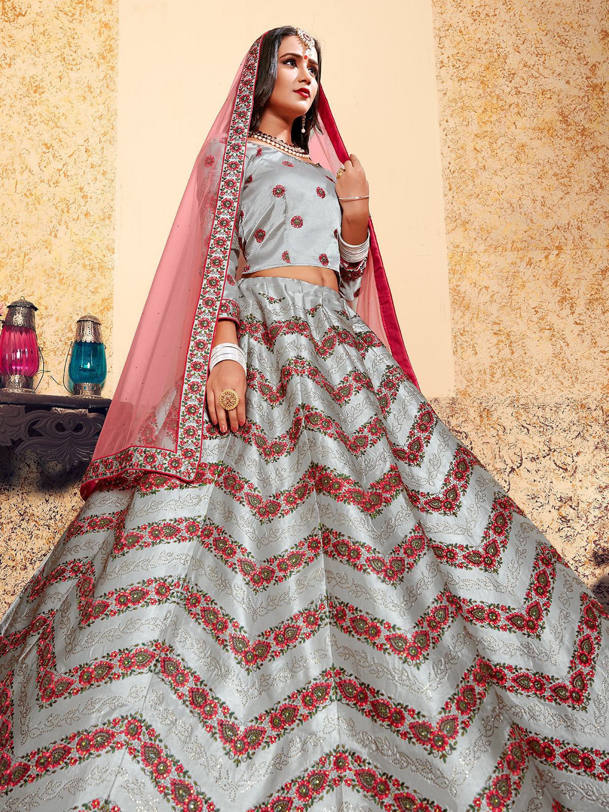 Grey Designer Semi Stitched Lehenga With Unstitched Blouse