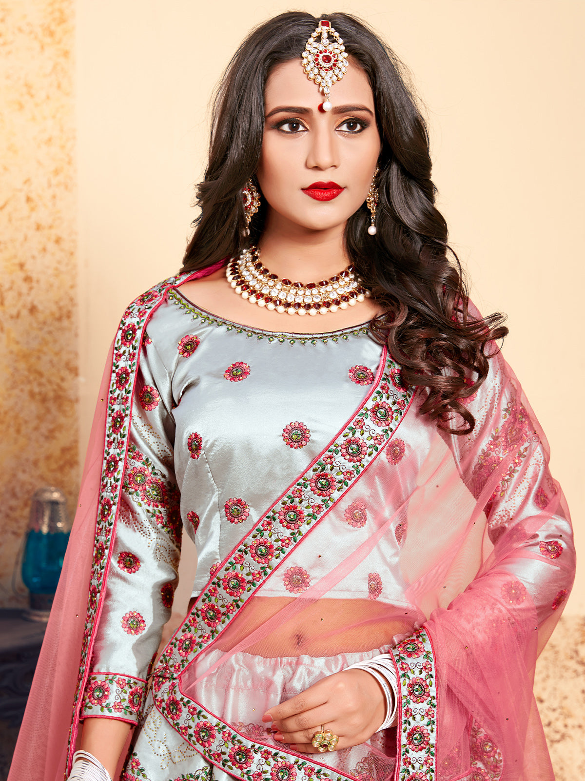 Grey Designer Semi Stitched Lehenga With Unstitched Blouse