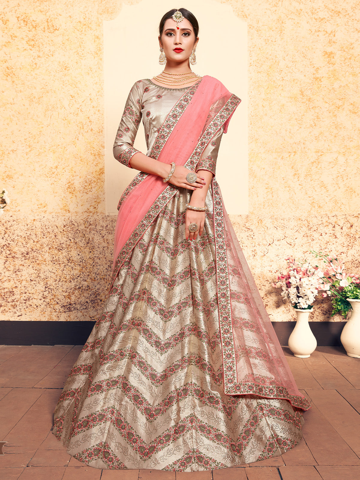 Brown Classy Semi Stitched Lehenga With Unstitched Blouse