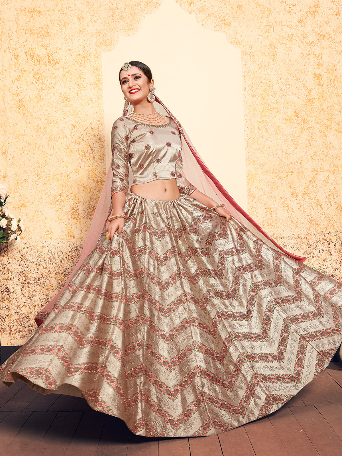 Brown Classy Semi Stitched Lehenga With Unstitched Blouse