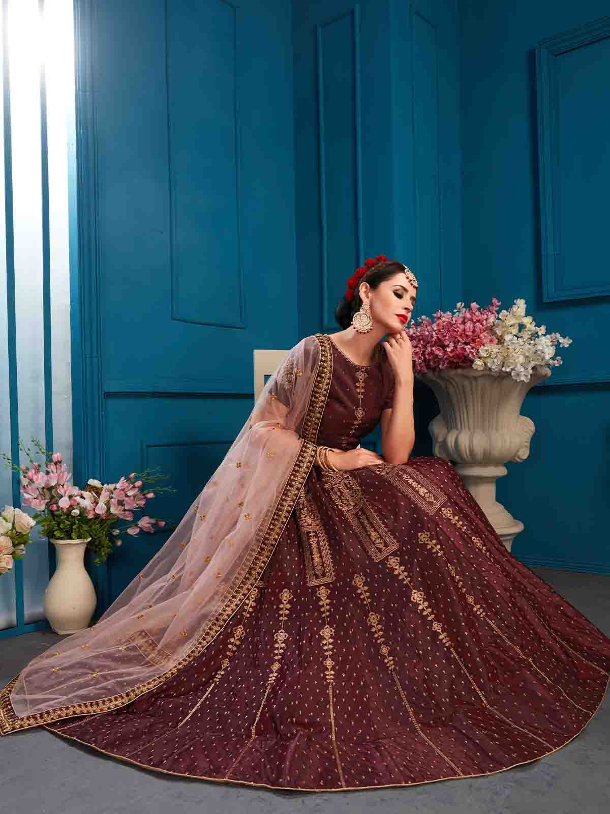 Brown Designer Satin Semi Stitched Lehenga With Unstitched Blouse