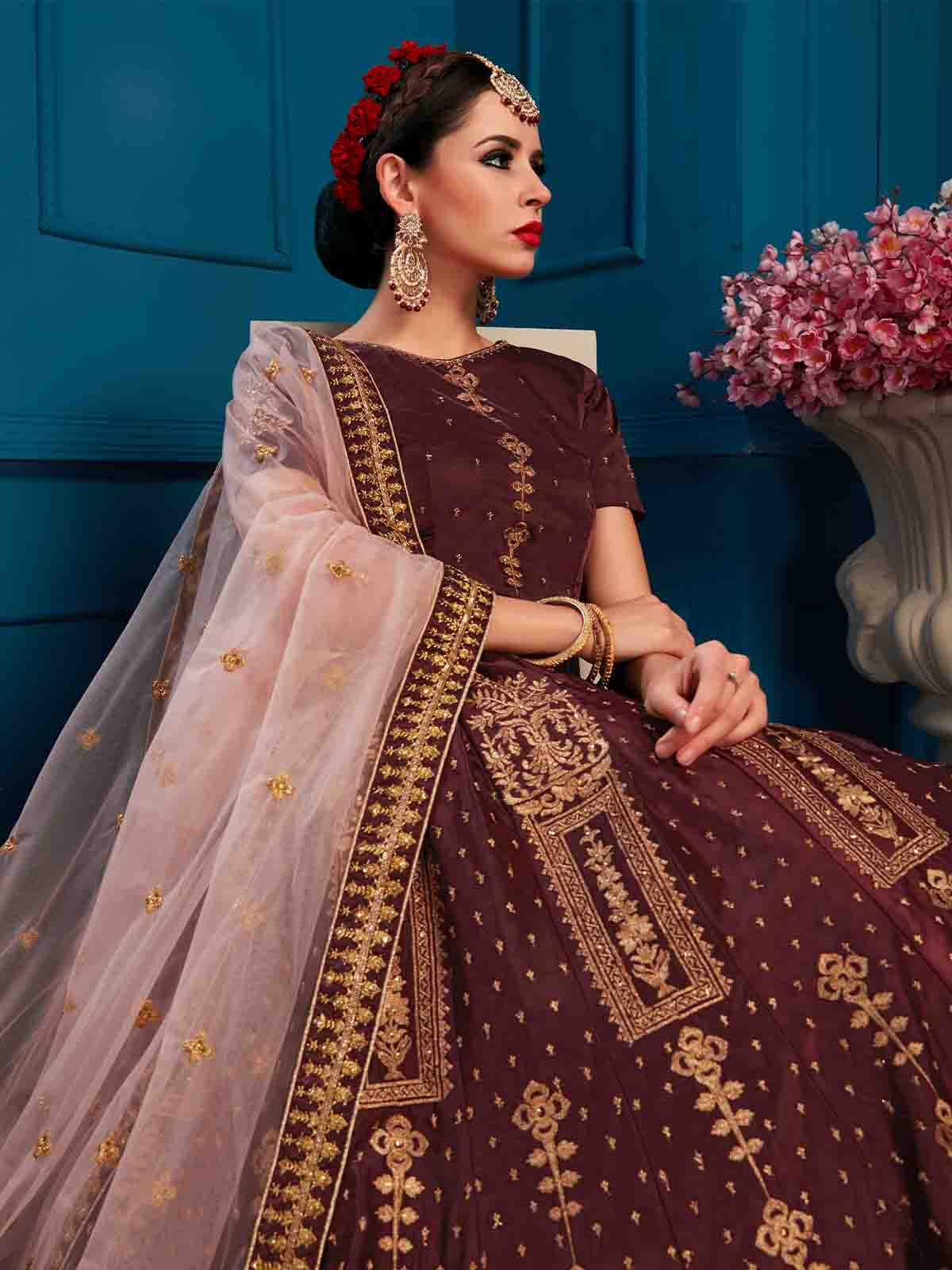 Brown Designer Satin Semi Stitched Lehenga With Unstitched Blouse