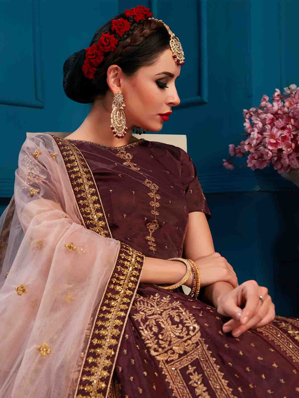 Brown Designer Satin Semi Stitched Lehenga With Unstitched Blouse