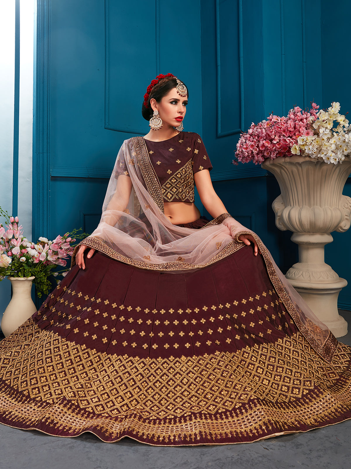 Brown Sparkling Sequins Semi Stitched Lehenga With Unstitched Blouse