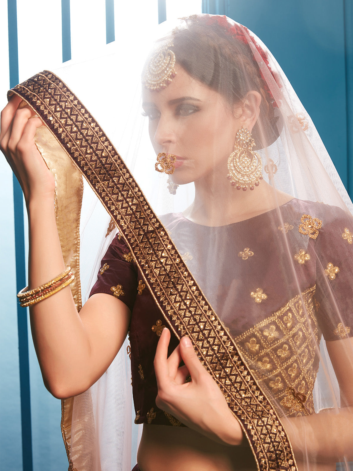 Brown Sparkling Sequins Semi Stitched Lehenga With Unstitched Blouse