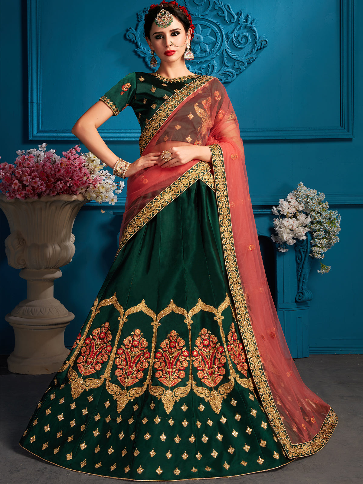 Green Resham,Zari,Stone Semi Stitched Lehenga With Unstitched Blouse
