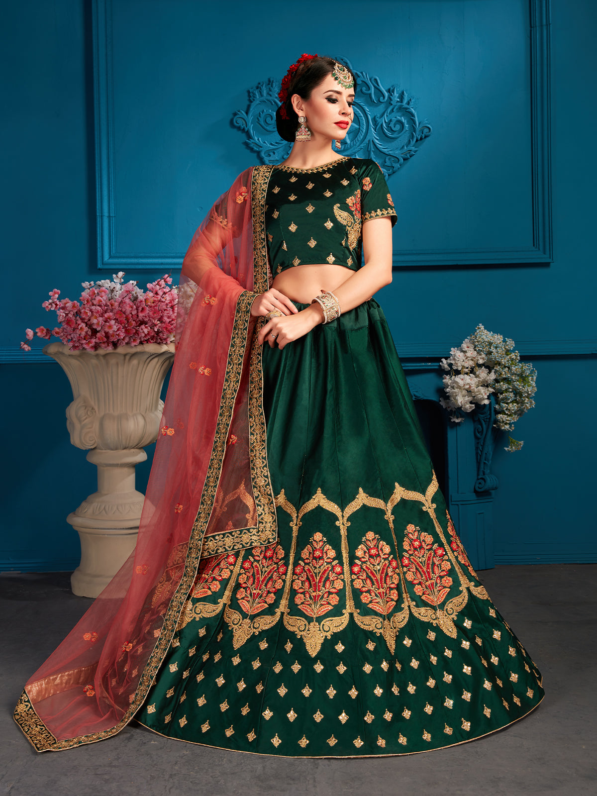 Green Resham,Zari,Stone Semi Stitched Lehenga With Unstitched Blouse