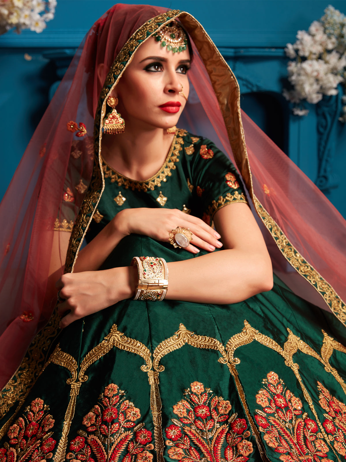 Green Resham,Zari,Stone Semi Stitched Lehenga With Unstitched Blouse