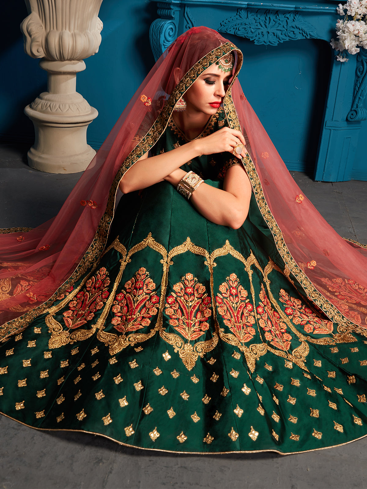 Green Resham,Zari,Stone Semi Stitched Lehenga With Unstitched Blouse