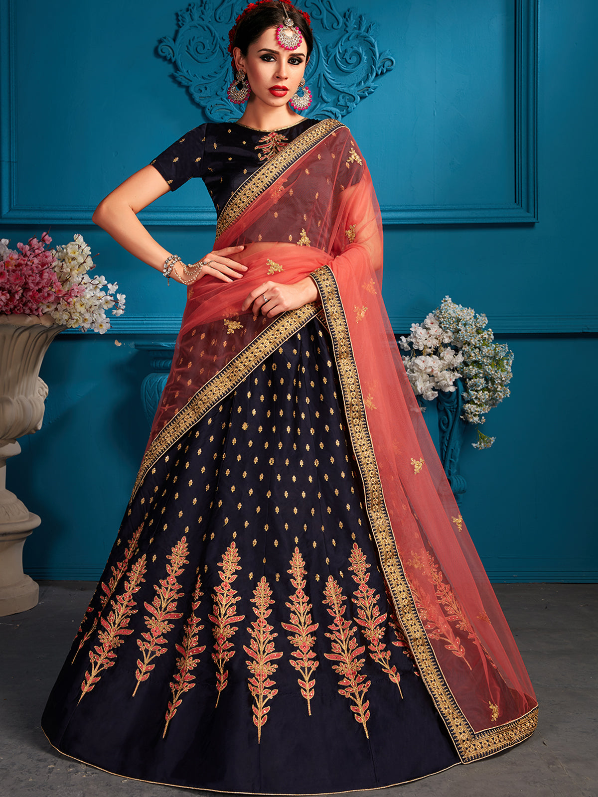 Dark Blue Sequins Semi Stitched Lehenga With Unstitched Blouse
