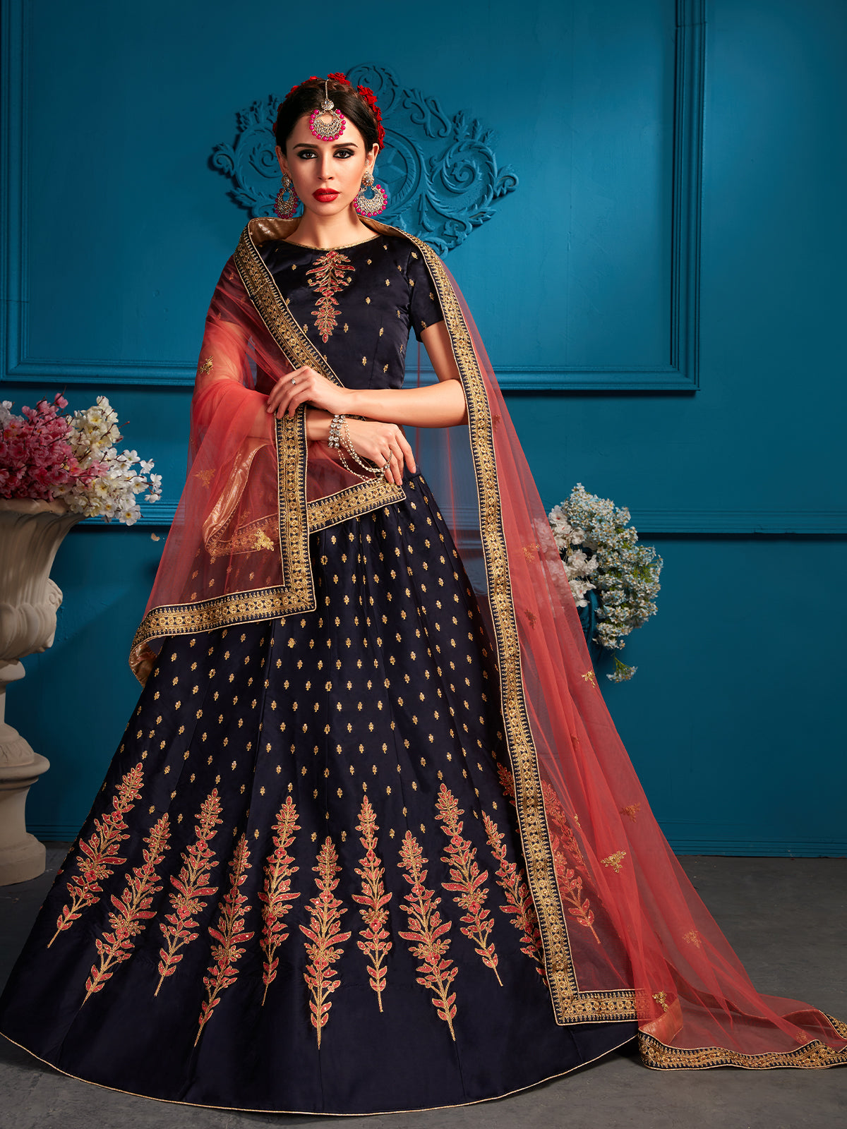 Dark Blue Sequins Semi Stitched Lehenga With Unstitched Blouse
