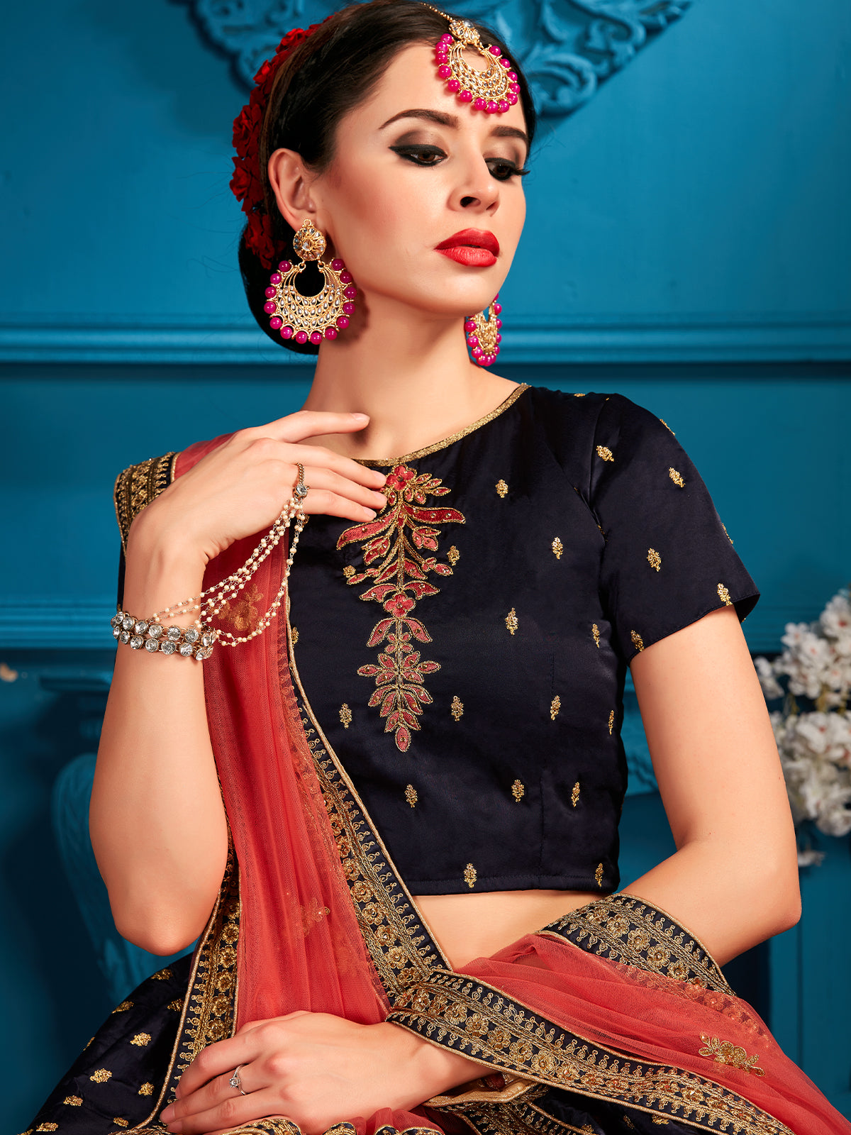 Dark Blue Sequins Semi Stitched Lehenga With Unstitched Blouse