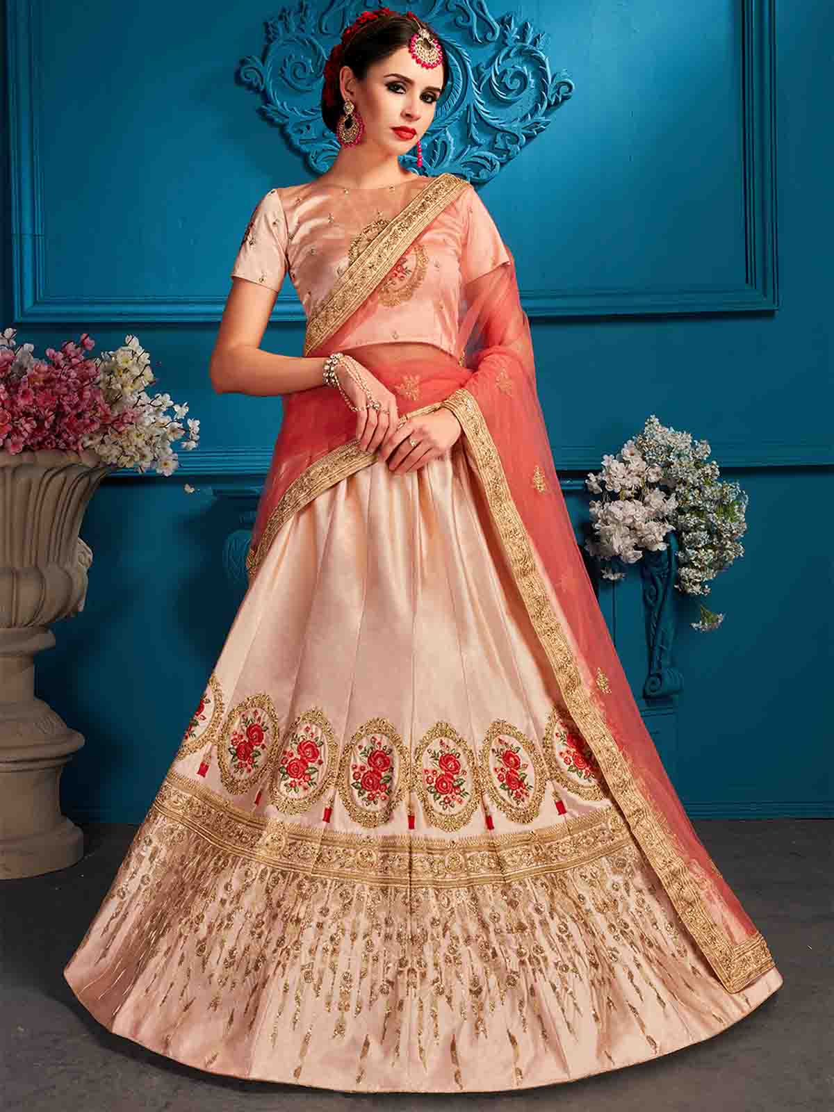 Peach Resham,Zari,Stone,Gilter Sequins Semi Stitched Lehenga With Unstitched Blouse