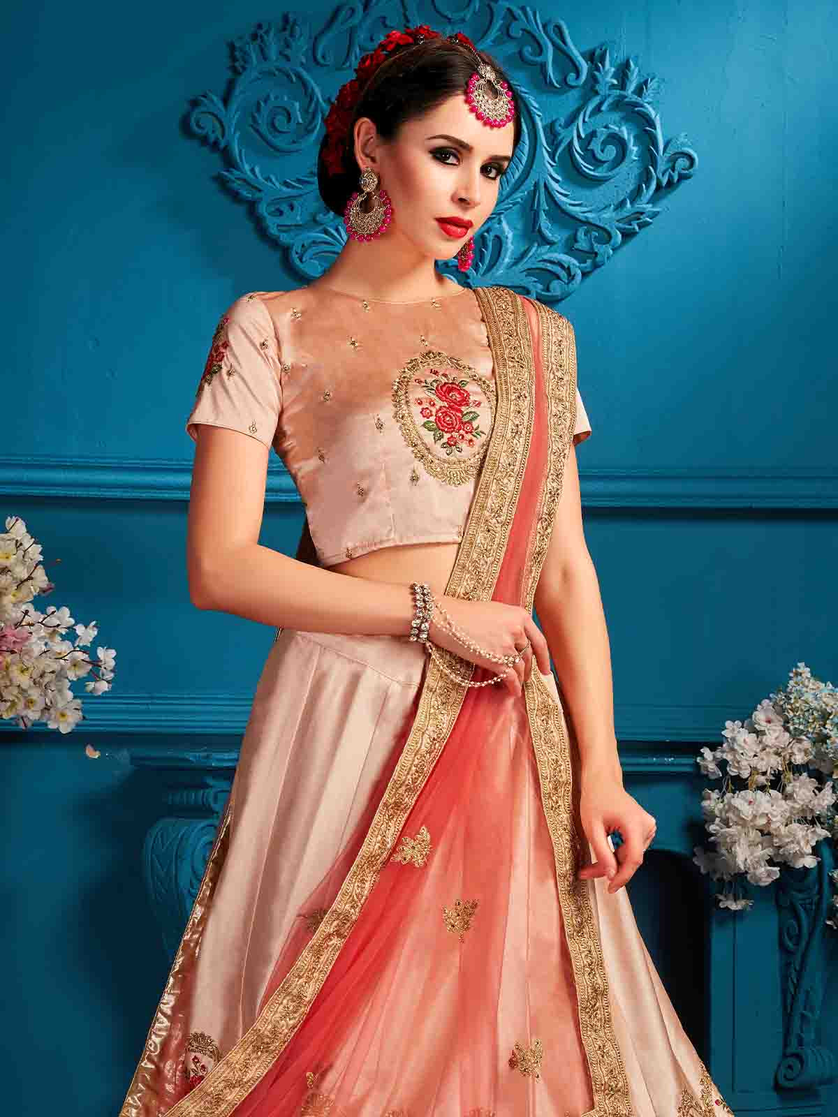Peach Resham,Zari,Stone,Gilter Sequins Semi Stitched Lehenga With Unstitched Blouse