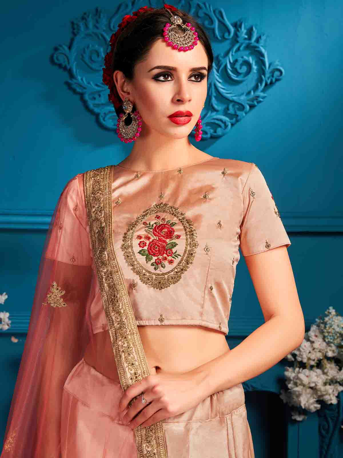 Peach Resham,Zari,Stone,Gilter Sequins Semi Stitched Lehenga With Unstitched Blouse