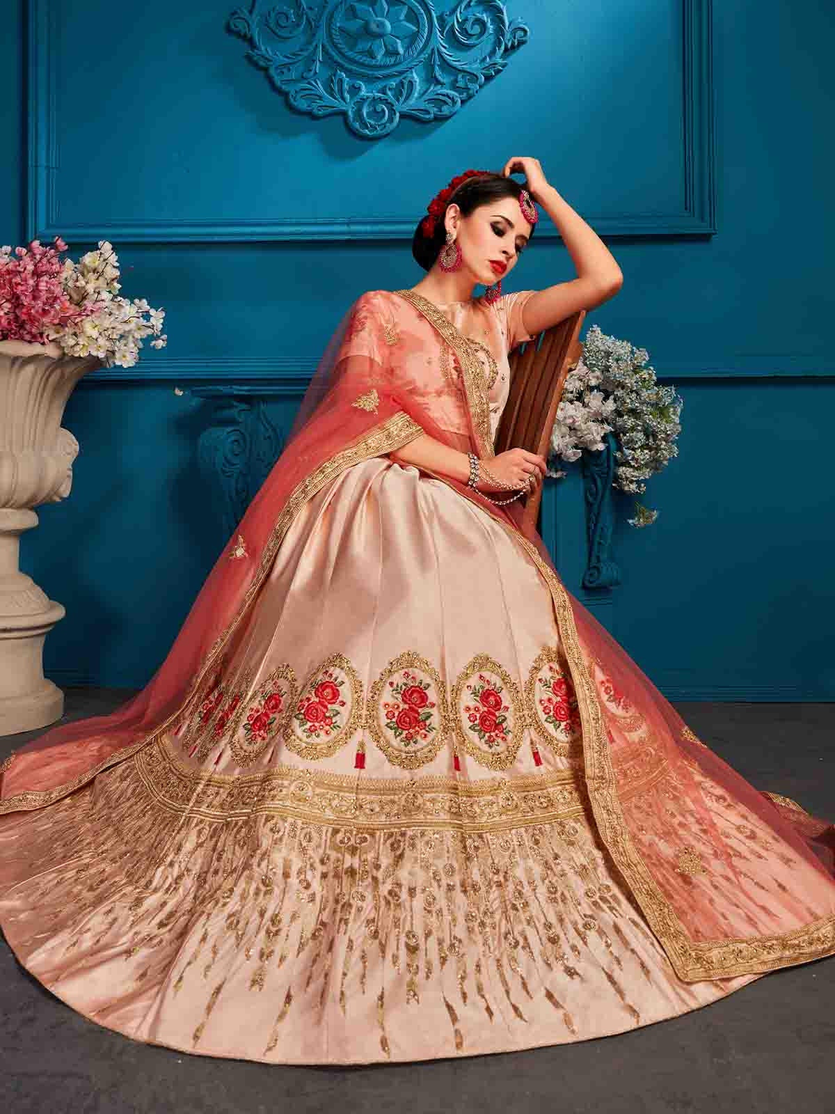 Peach Resham,Zari,Stone,Gilter Sequins Semi Stitched Lehenga With Unstitched Blouse