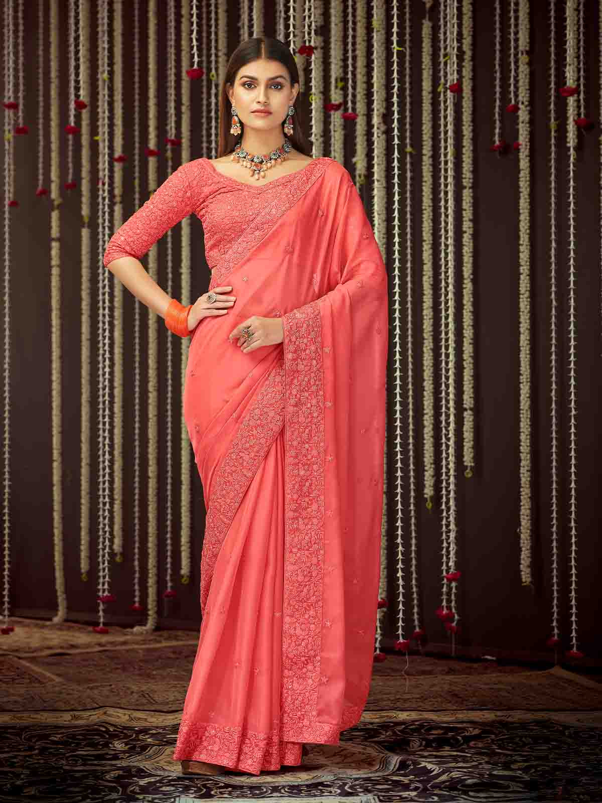 Peach Organza Embroidered Saree With Unstitched Blouse