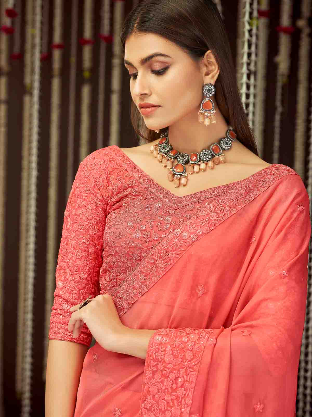 Peach Organza Embroidered Saree With Unstitched Blouse
