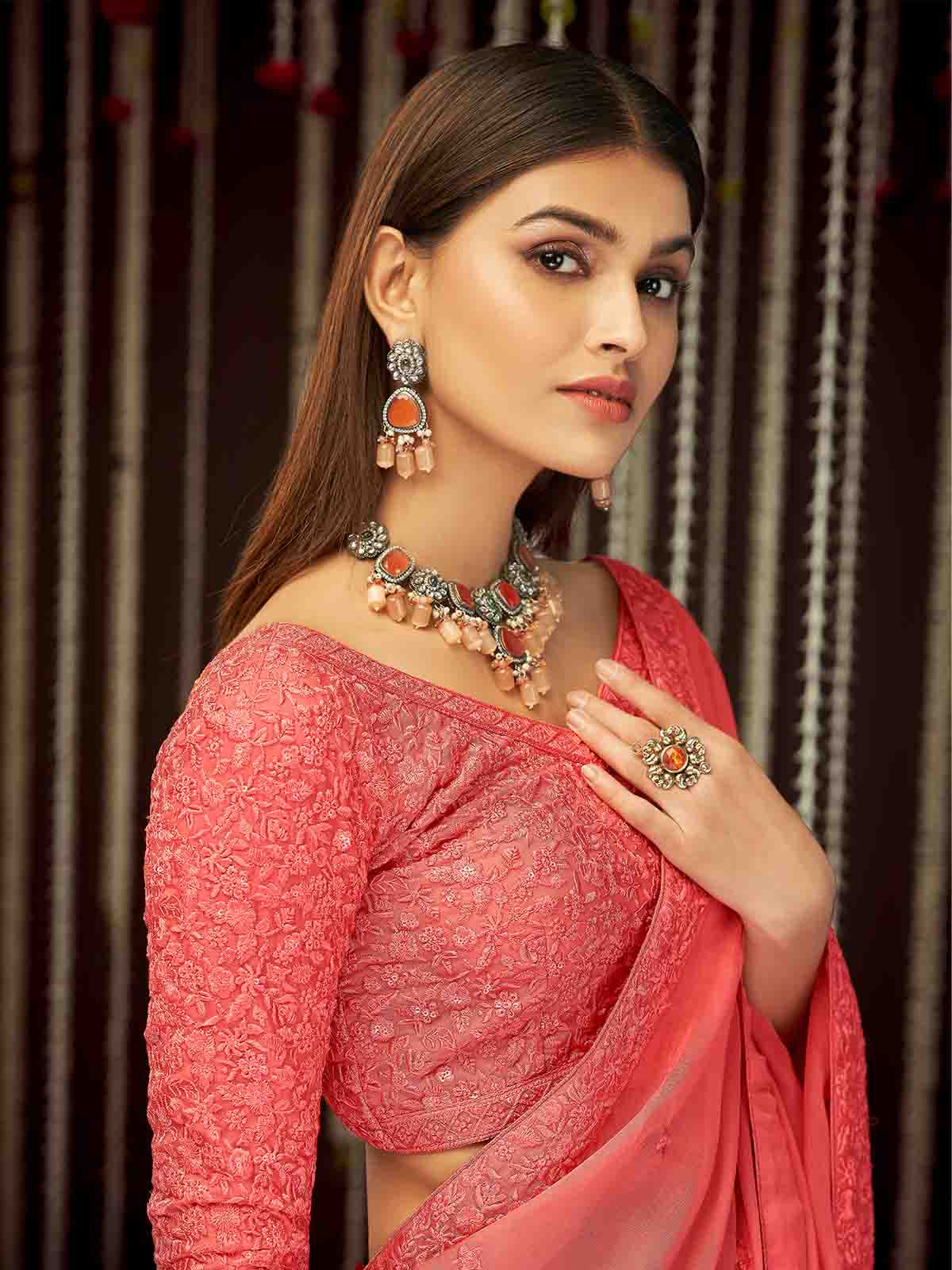 Peach Organza Embroidered Saree With Unstitched Blouse