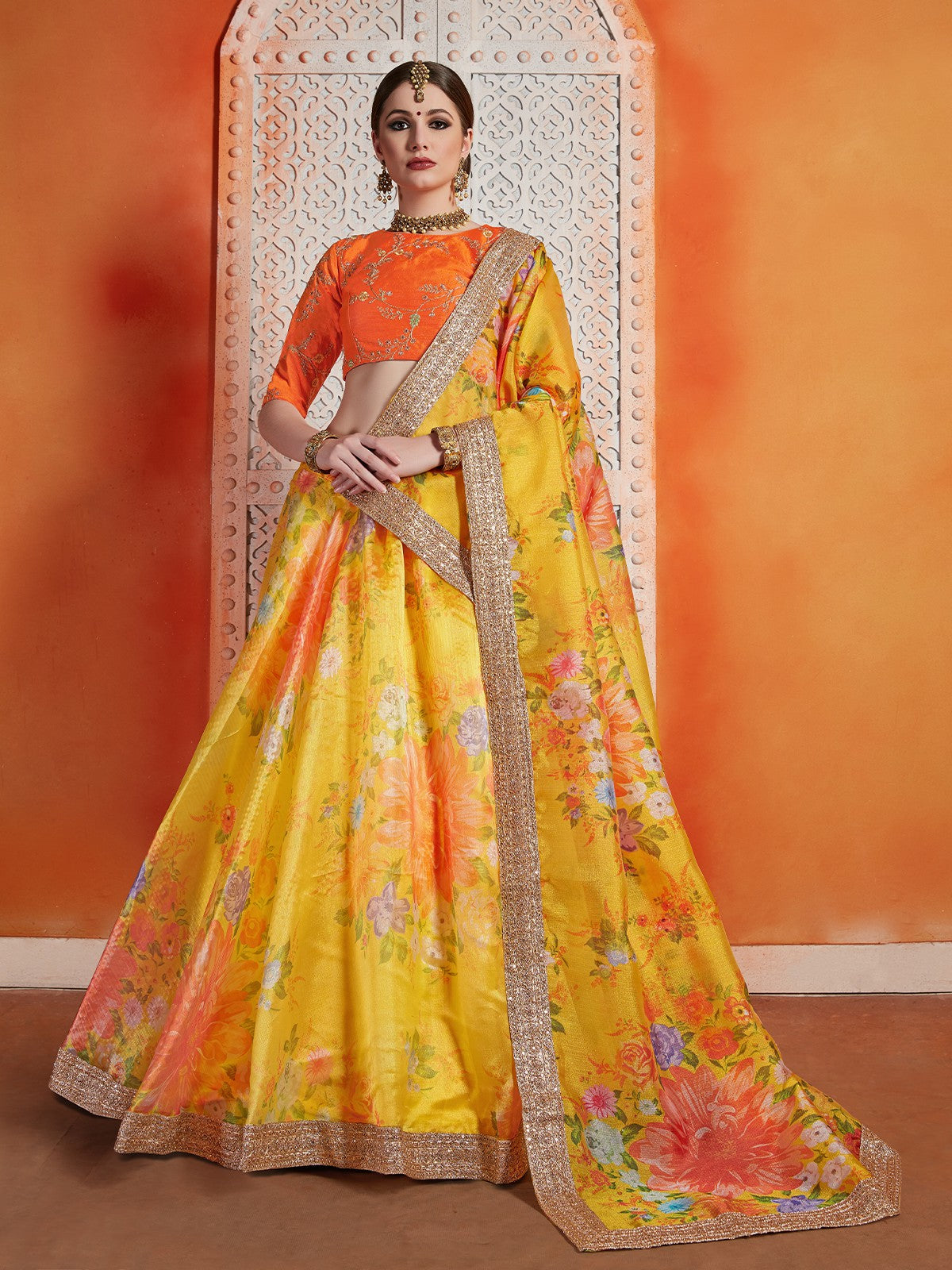 Designer Yellow Art Silk Semi Stitched Lehenga With Unstitched Blouse