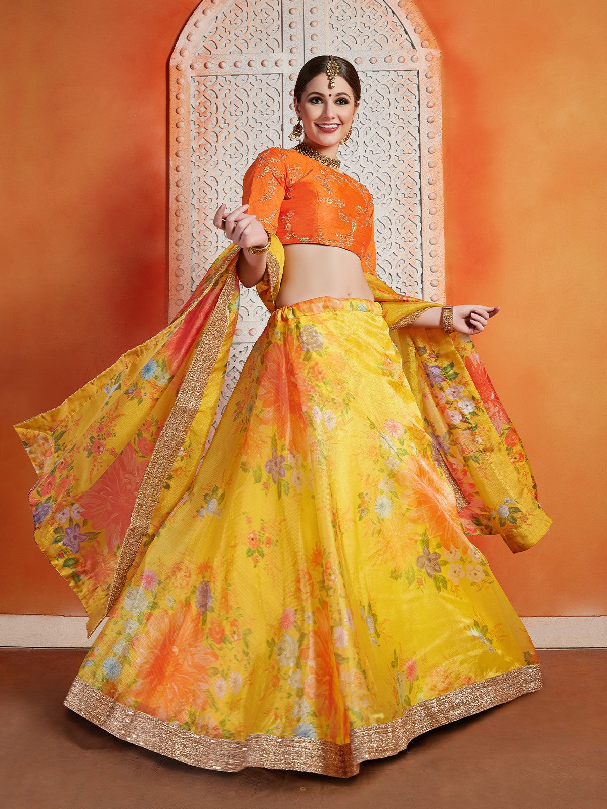Designer Yellow Art Silk Semi Stitched Lehenga With Unstitched Blouse