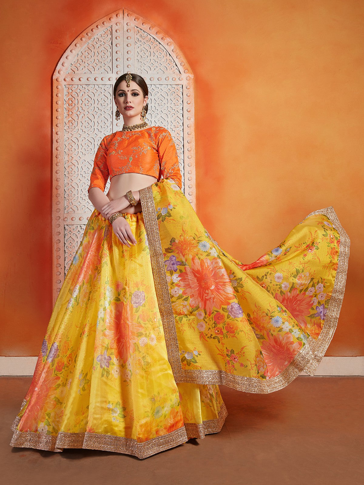 Designer Yellow Art Silk Semi Stitched Lehenga With Unstitched Blouse