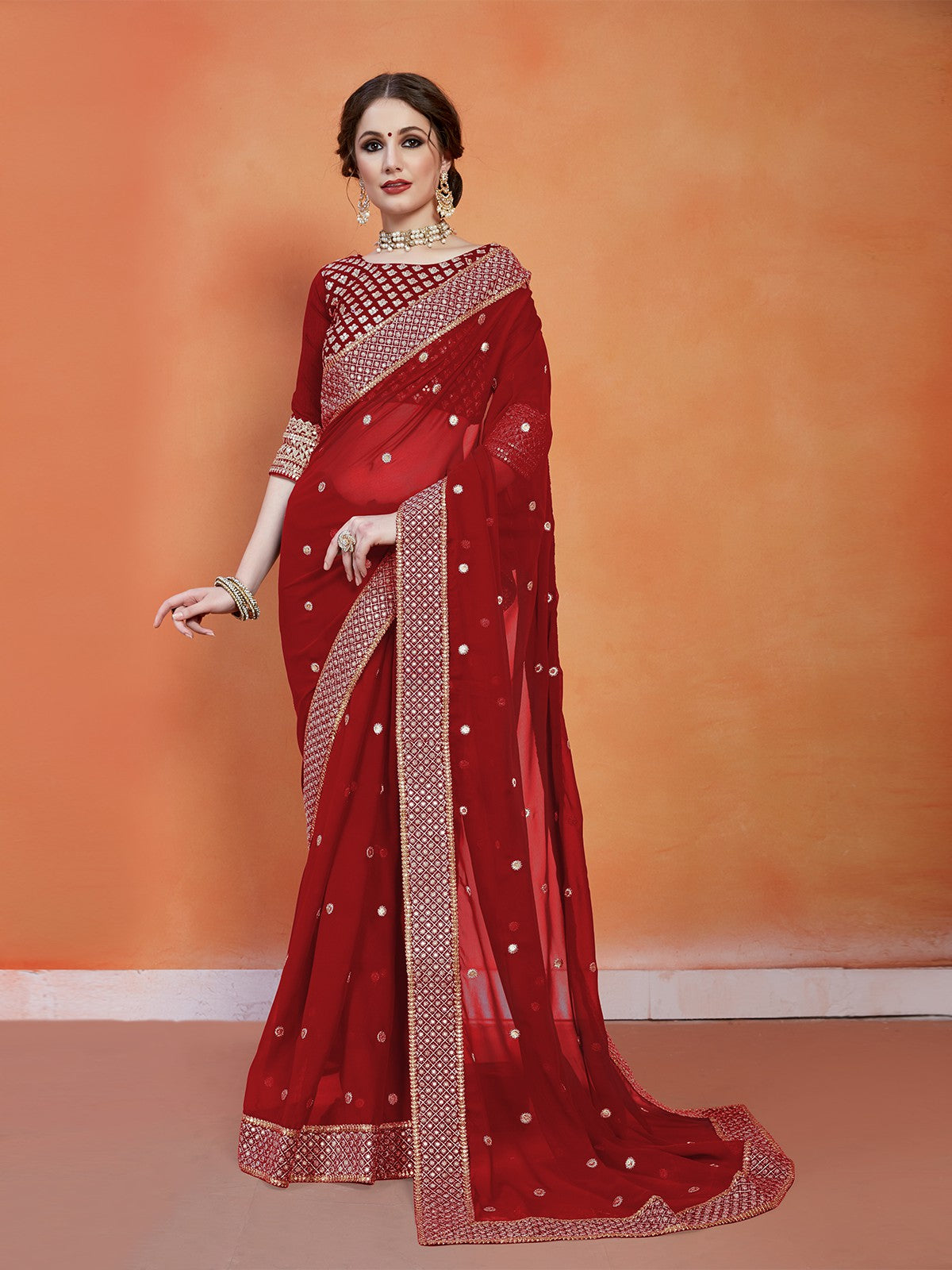 Maroon Georgette Saree With Unstitched Blouse