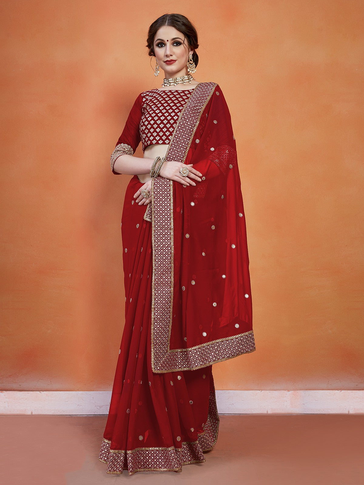 Maroon Georgette Saree With Unstitched Blouse