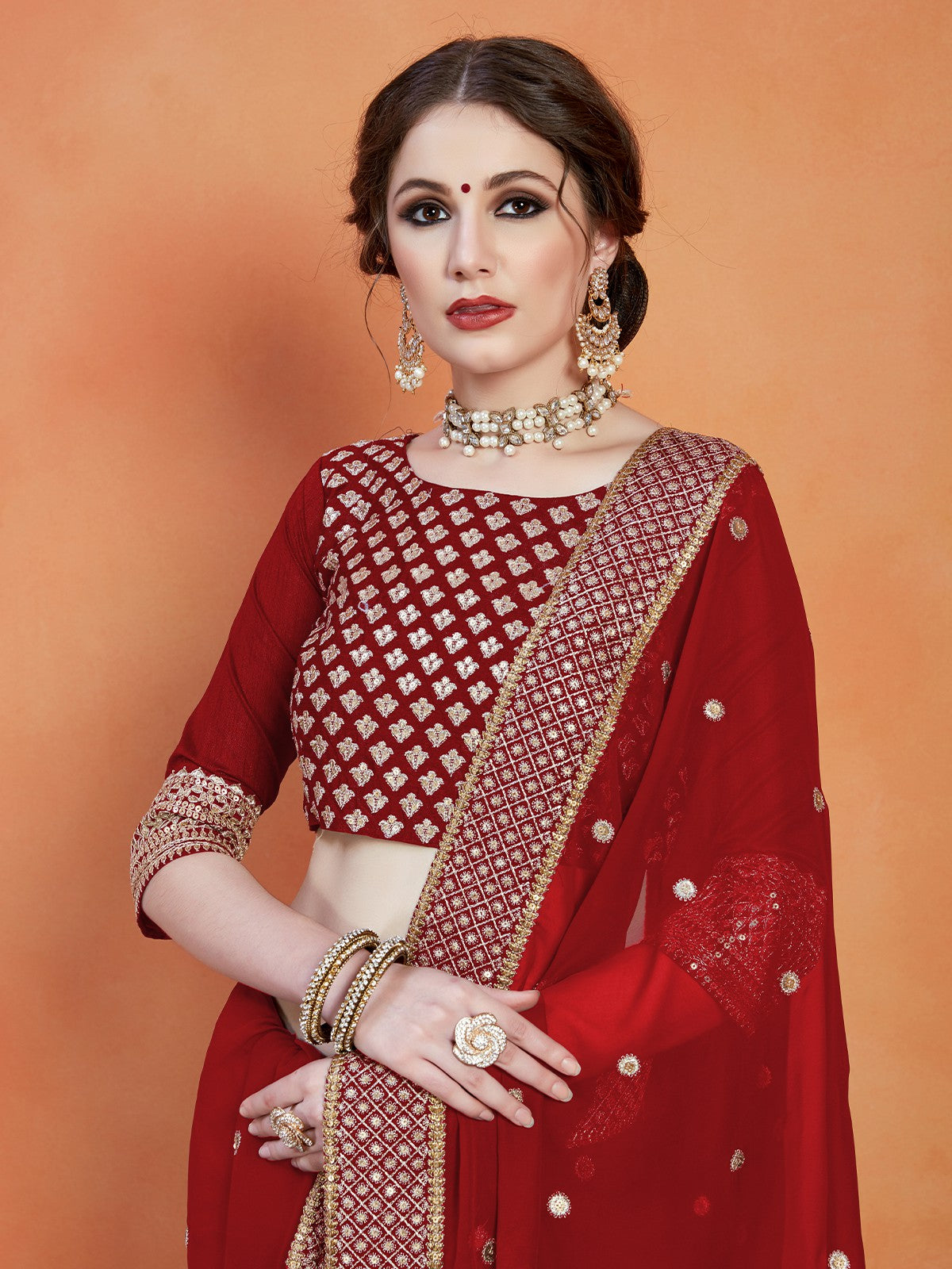 Maroon Georgette Saree With Unstitched Blouse
