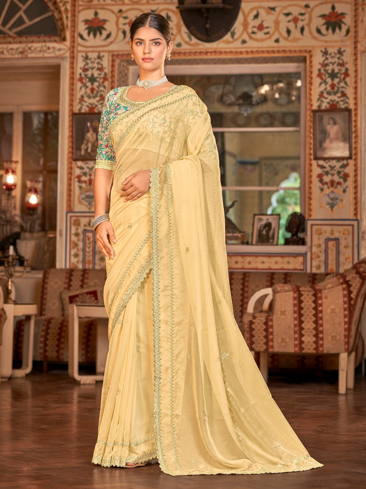 Yellow Organza Embroidered Saree With Unstitched Blouse