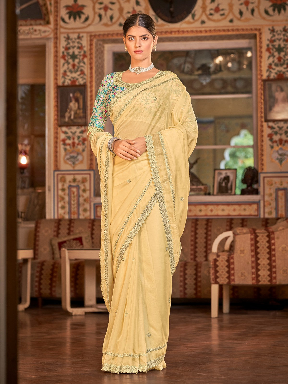 Yellow Organza Embroidered Saree With Unstitched Blouse