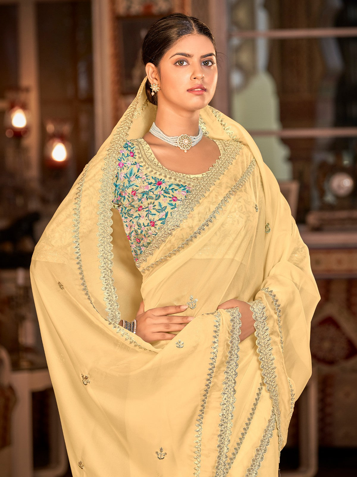 Yellow Organza Embroidered Saree With Unstitched Blouse