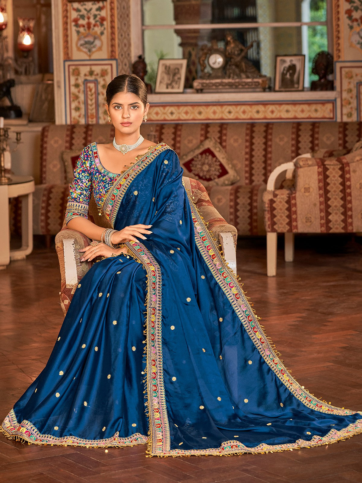 Dark Blue Organza Embroidered Saree With Unstitched Blouse