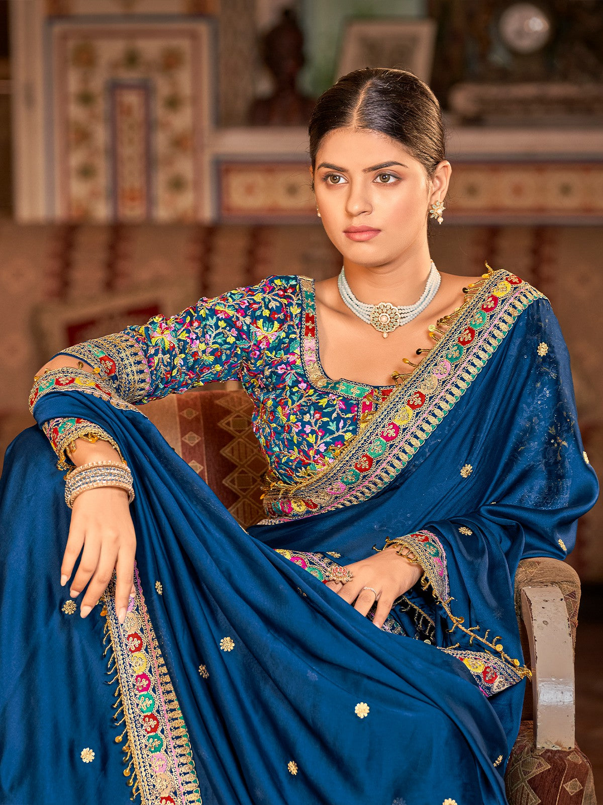 Dark Blue Organza Embroidered Saree With Unstitched Blouse